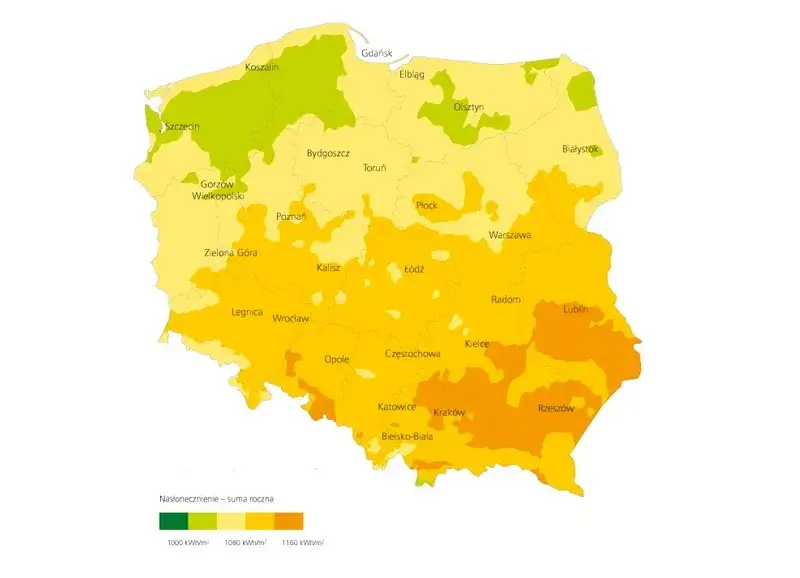 Mapa nasłonecznienia w Polsce - poziom promieniowania słonecznego w województwach